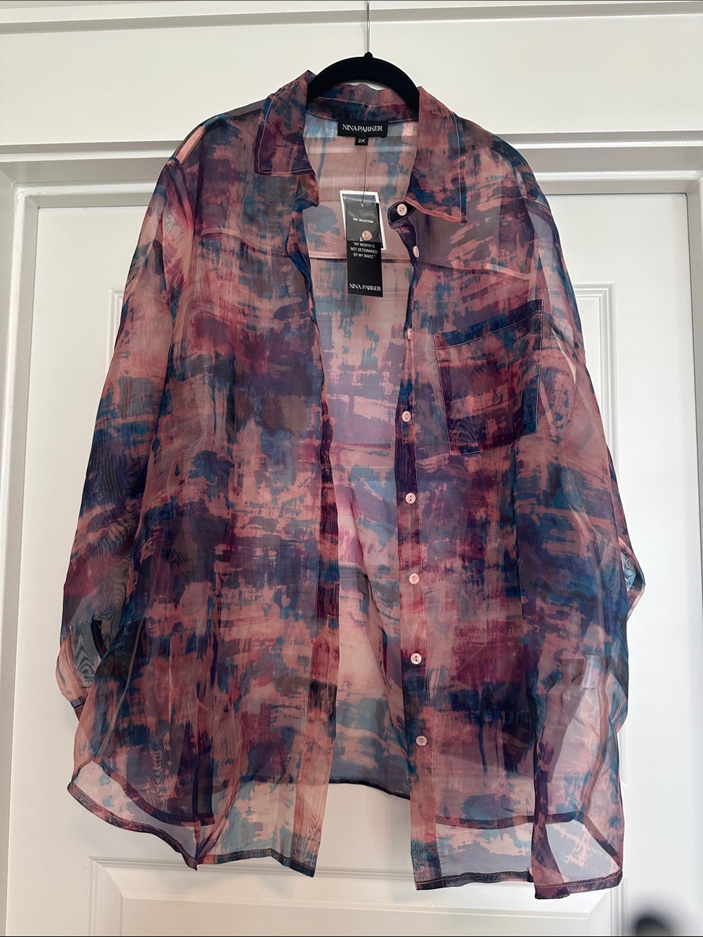 Nina Parker Sheer Abstract Print Button-Front Blouse — Rose & Blue